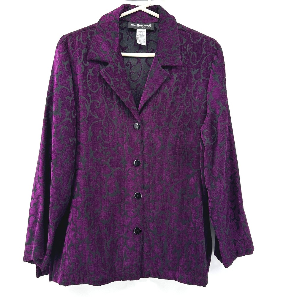VTG Sag Harbor Blazer Jacket 14P‎ Purple Brocade Damask Dark Academia 90s Career